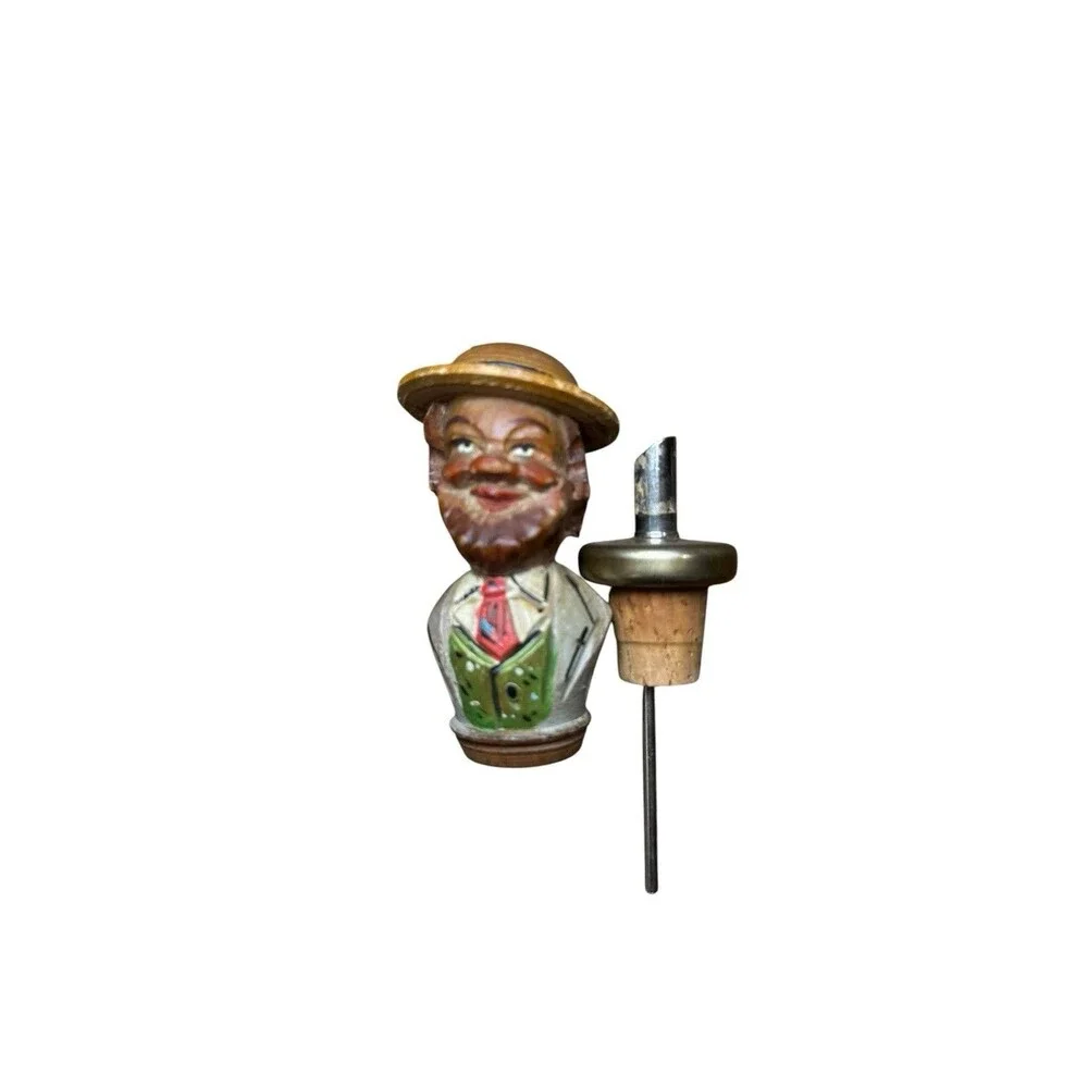 Vintage Anri Hand Carved Wood Half Body Head Pourer Bottle Stopper Cork Man Hat